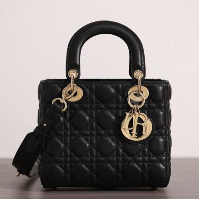 小號 LADY DIOR MY ABCDIOR 四格戴妃包黑色羊皮金扣