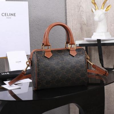 小號標誌印花牛皮革波士頓包 黃褐色