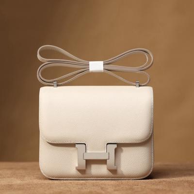 H Constance 19 Epsom牛皮  單肩斜挎包 奶昔白銀 扣