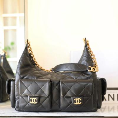 25C早春多口袋Hobo嬉皮包黑色大號