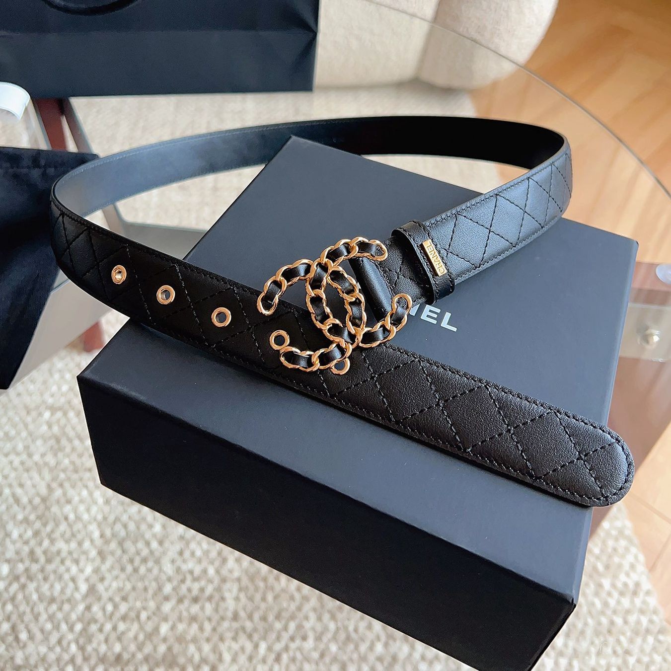 19系列金扣雙C 菱格紋皮帶（明星同款）寬3CM_2