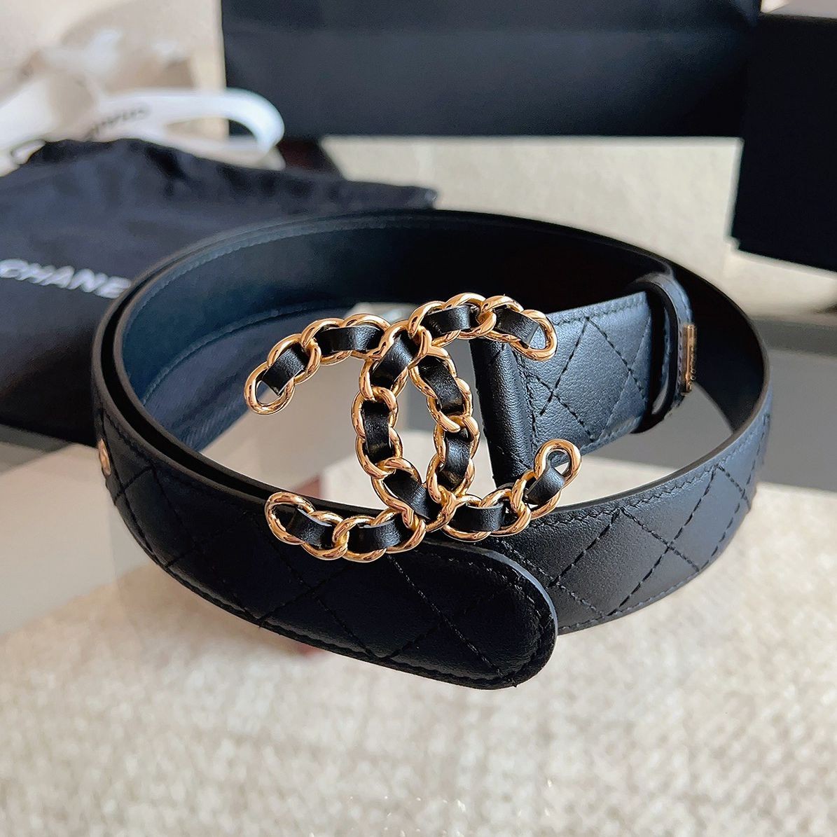 19系列金扣雙C 菱格紋皮帶（明星同款）寬3CM