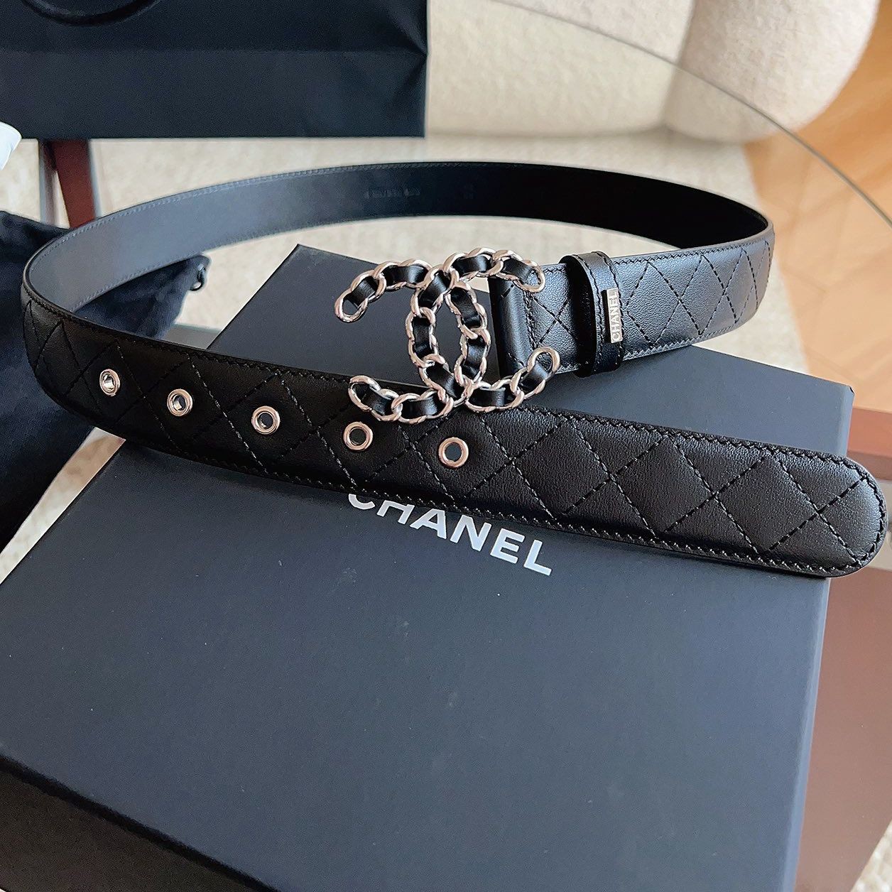 19系列銀扣雙C 菱格紋皮帶（明星同款）寬3CM_2