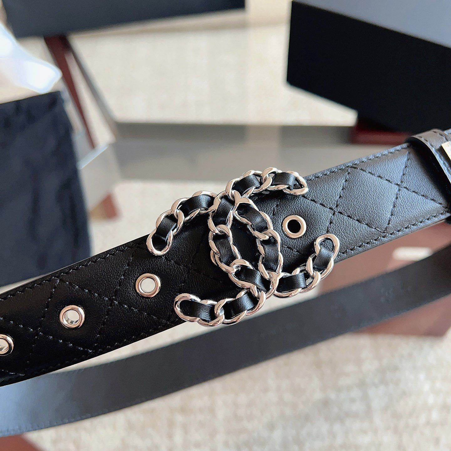 19系列銀扣雙C 菱格紋皮帶（明星同款）寬3CM_3