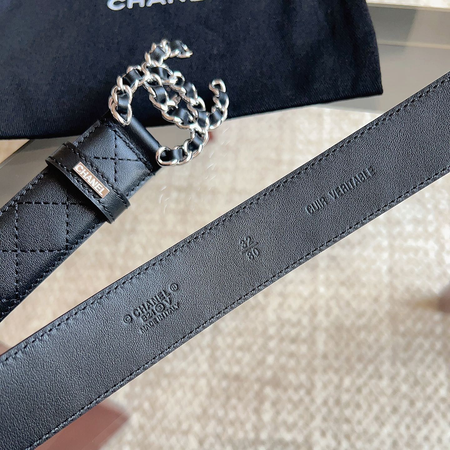 19系列銀扣雙C 菱格紋皮帶（明星同款）寬3CM_4