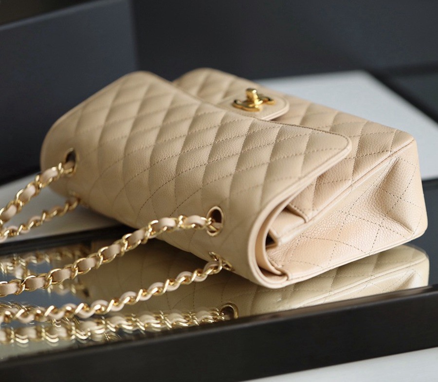 CF25荔枝紋牛皮 奶茶色 金扣_2