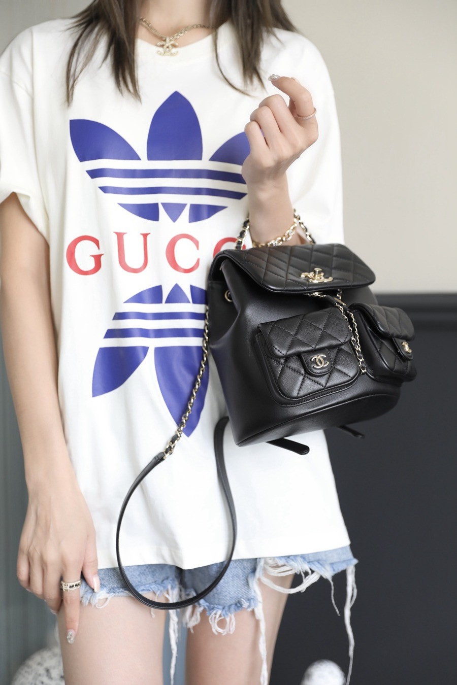 23A 青蛙雙肩包 亮面牛皮 黑色 大號_8