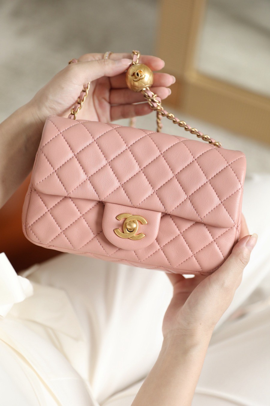 CF 經典款 金球 Mini 羊皮 粉色 金扣_16
