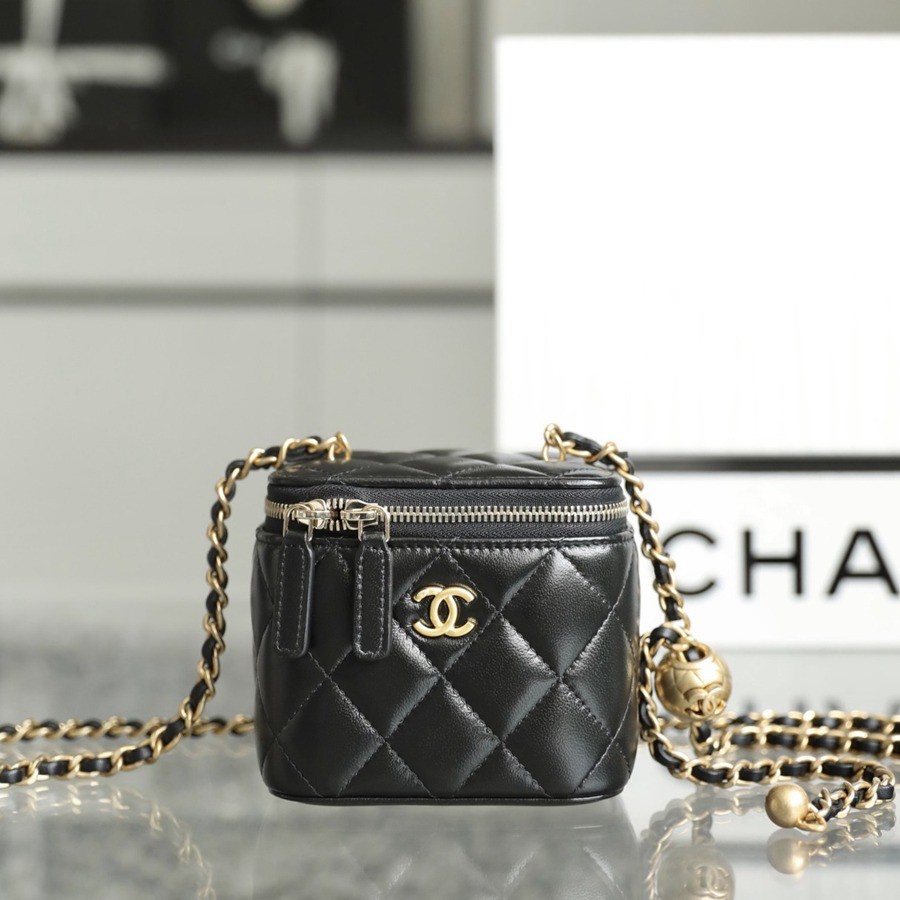 經典 金球化妝包 羊皮黑色 金扣_1