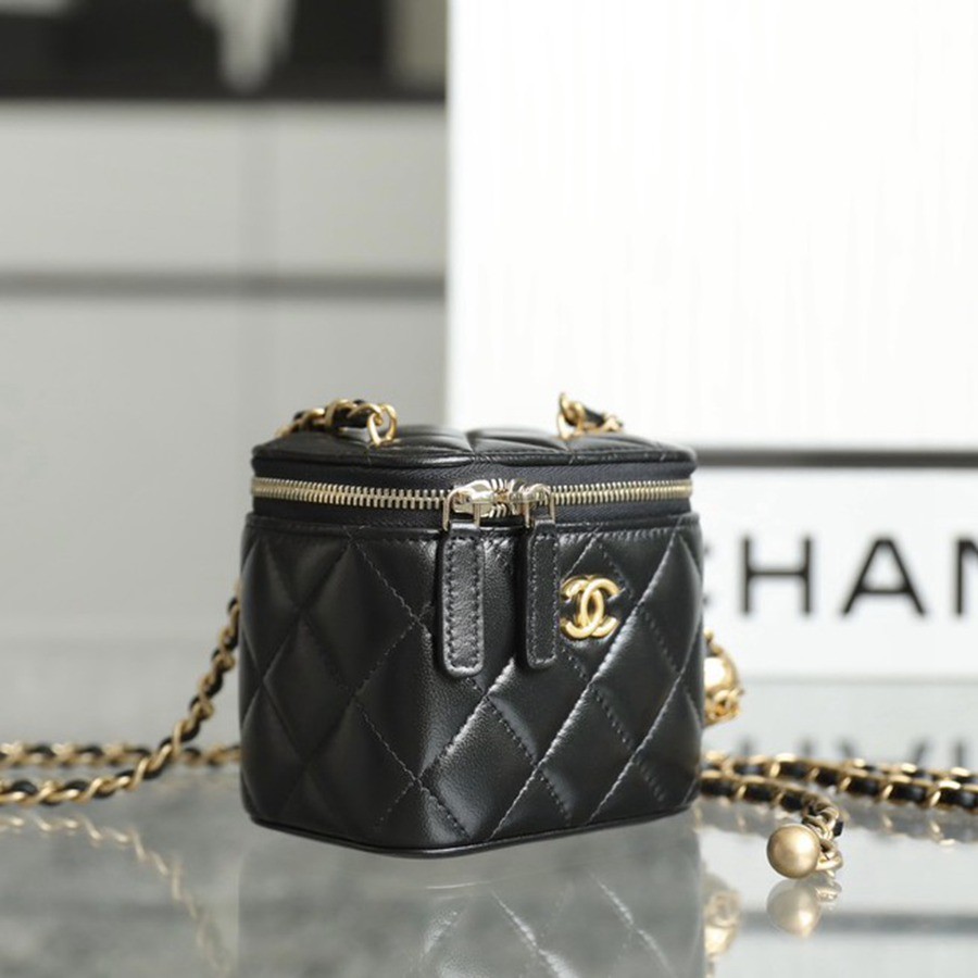 經典 金球化妝包 羊皮黑色 金扣_3