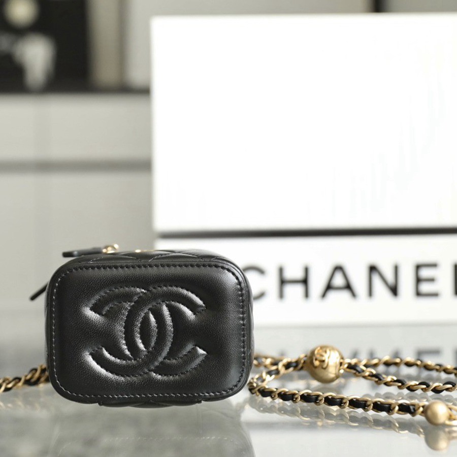 經典 金球化妝包 羊皮黑色 金扣_6