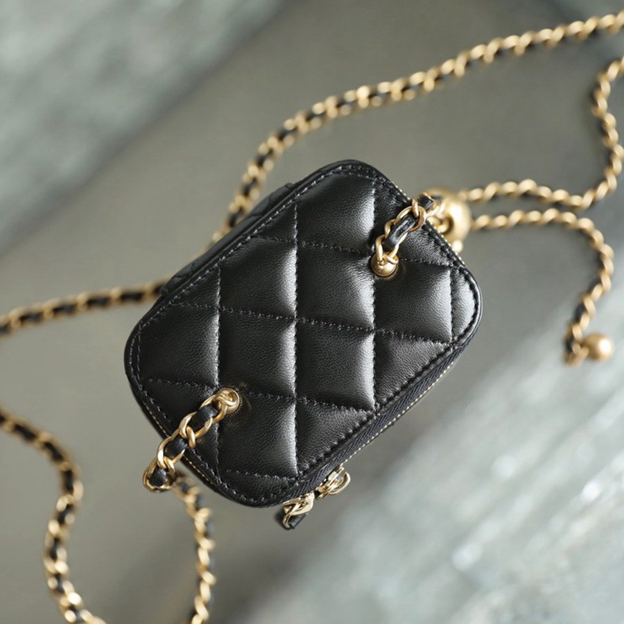 經典 金球化妝包 羊皮黑色 金扣_5