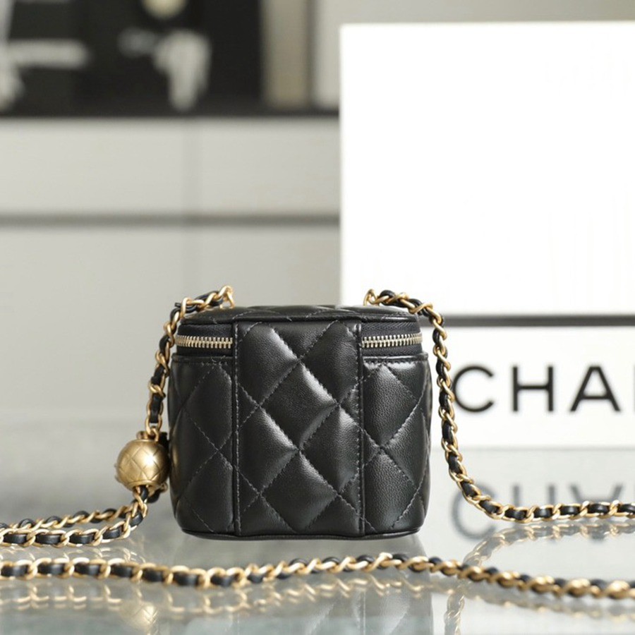 經典 金球化妝包 羊皮黑色 金扣_4