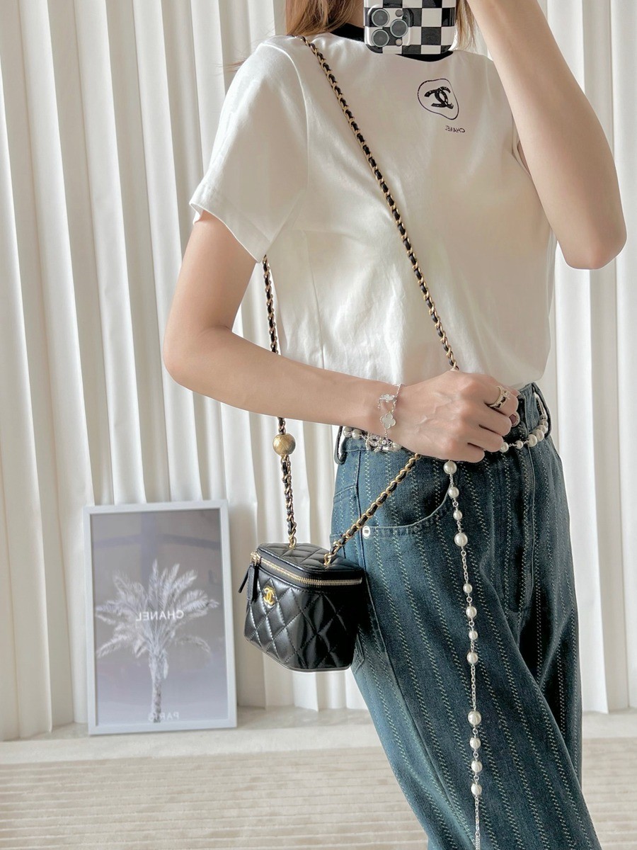 經典 金球化妝包 羊皮黑色 金扣_10