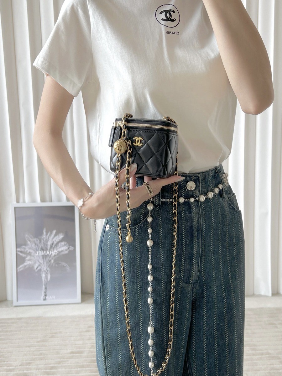 經典 金球化妝包 羊皮黑色 金扣_11