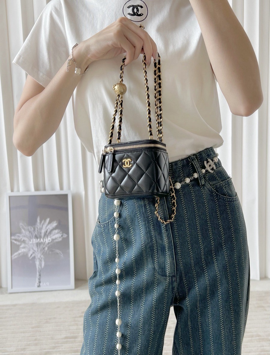 經典 金球化妝包 羊皮黑色 金扣_12