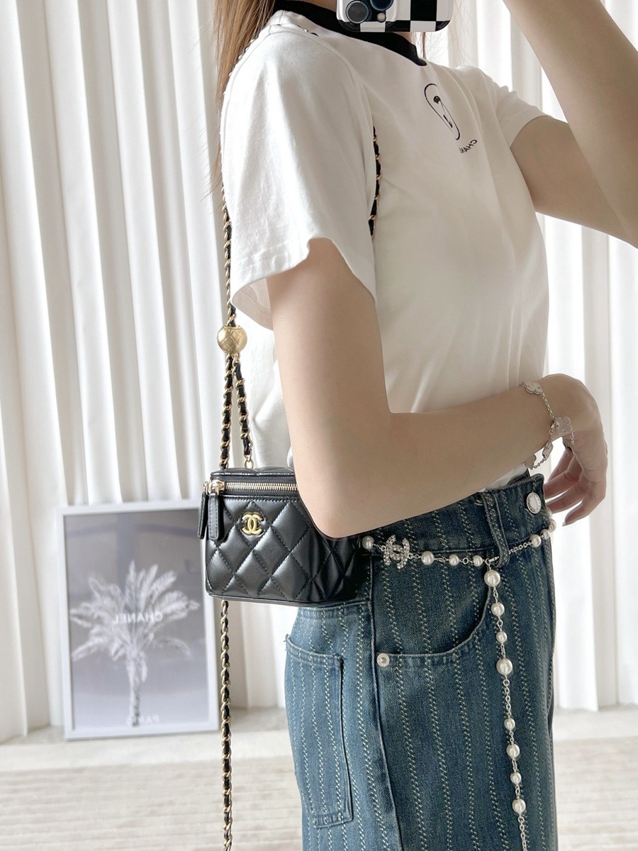 經典 金球化妝包 羊皮黑色 金扣_13