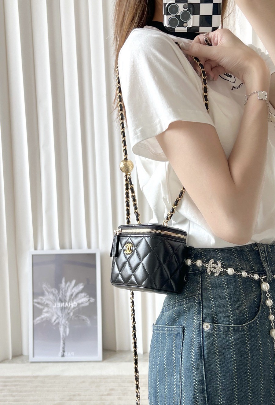 經典 金球化妝包 羊皮黑色 金扣_14