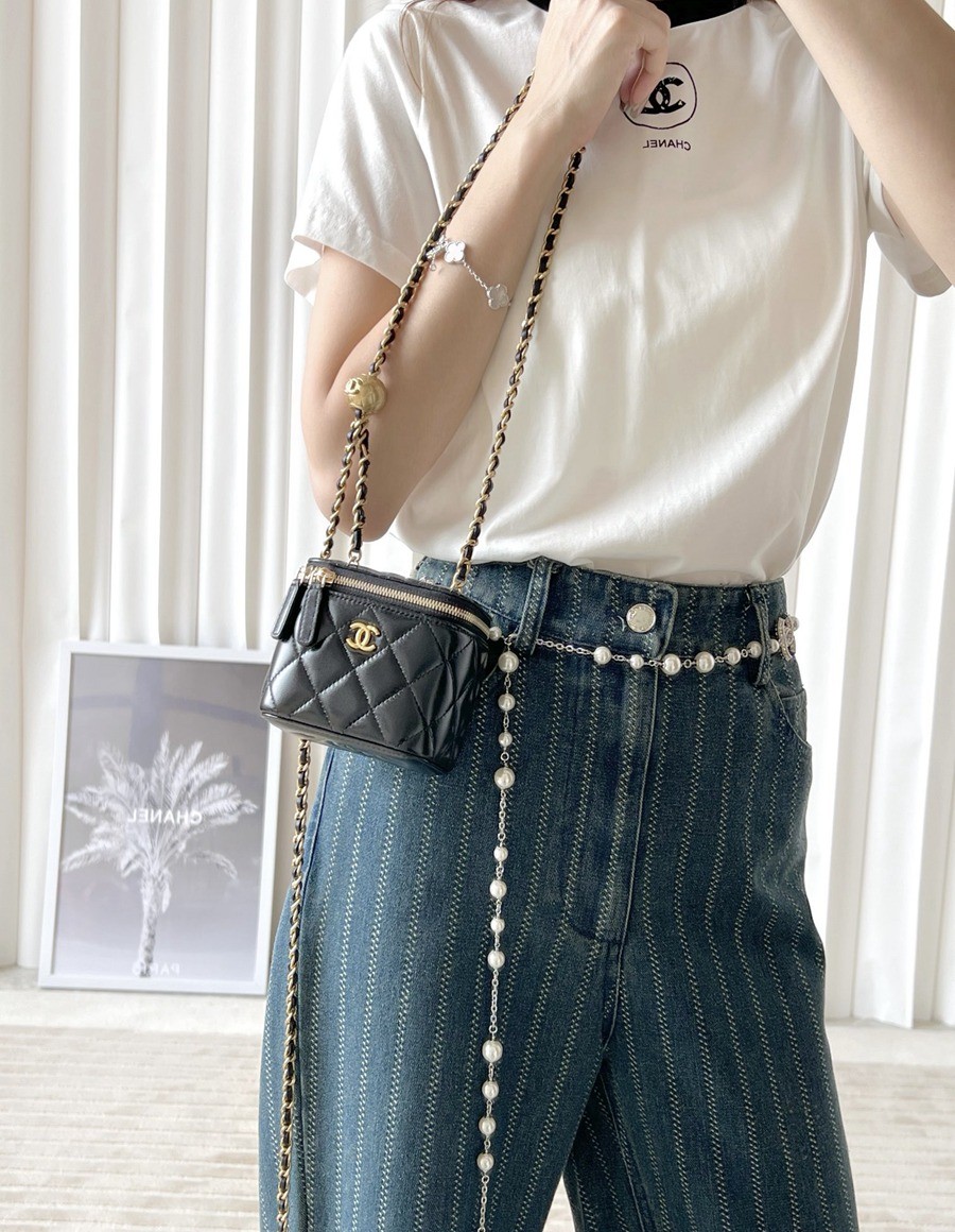 經典 金球化妝包 羊皮黑色 金扣_16