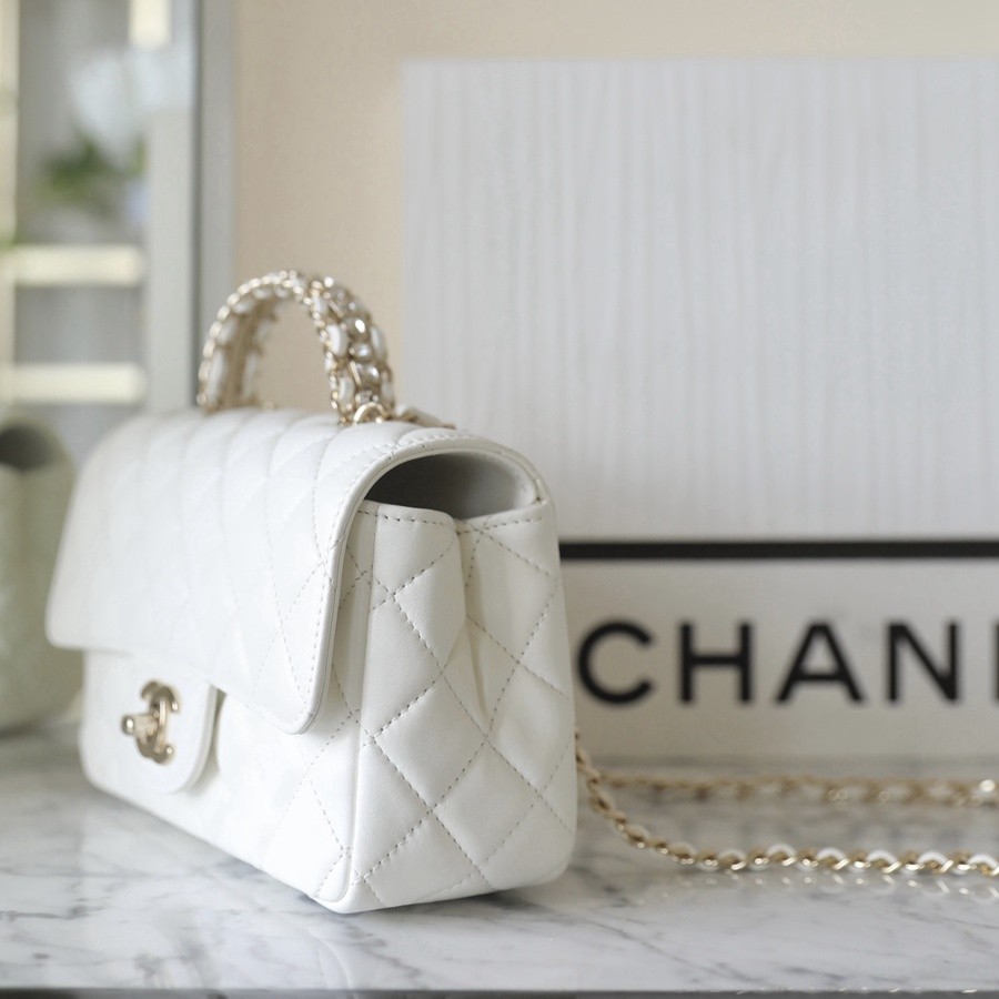 小香 23A 水鑽手提口蓋包 白色小號_2