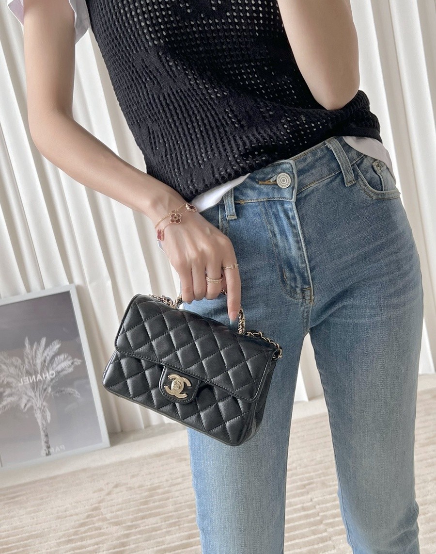 小香 23A 水鑽手提口蓋包 黑色mini_15