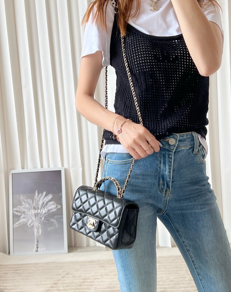 小香 23A 水鑽手提口蓋包 黑色mini_16