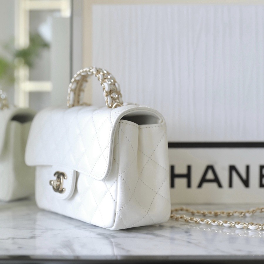 小香 23A 水鑽手提口蓋包 白色mini_2