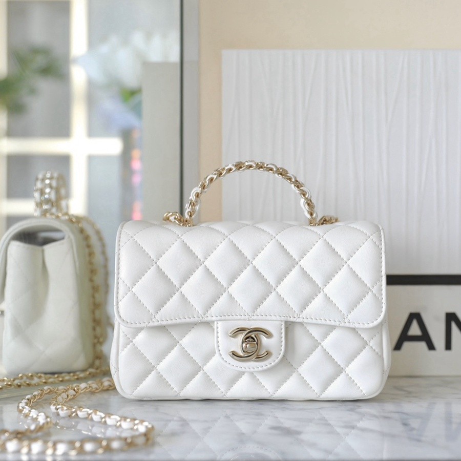 小香 23A 水鑽手提口蓋包 白色mini_1