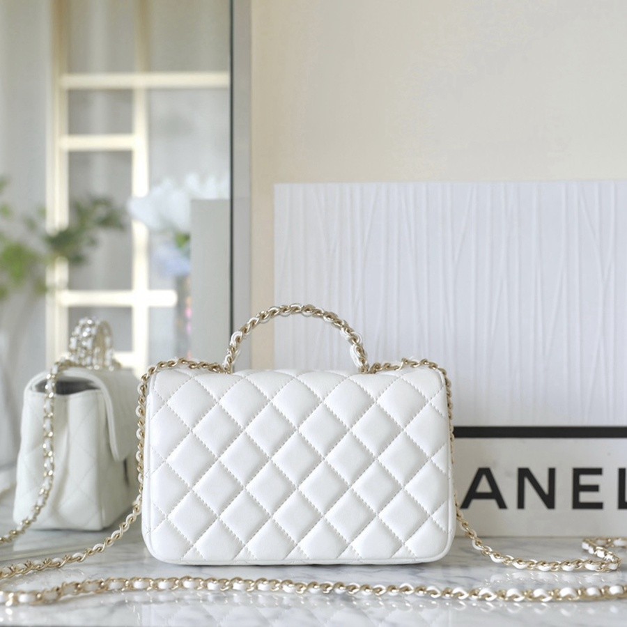 小香 23A 水鑽手提口蓋包 白色mini_3