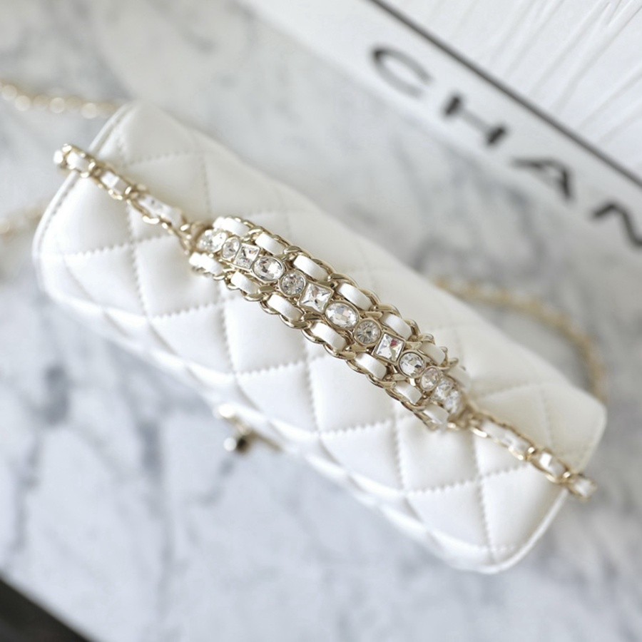 小香 23A 水鑽手提口蓋包 白色mini_4