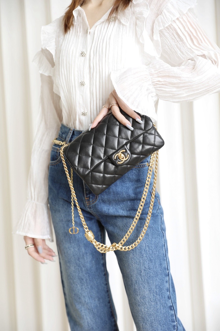 小香 22K秋冬 小金柱調節鏈口蓋包小號 黑色-041_17