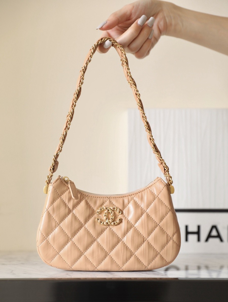 小香 19 Hobo腋下包 褶皺牛皮 杏色 小號_9