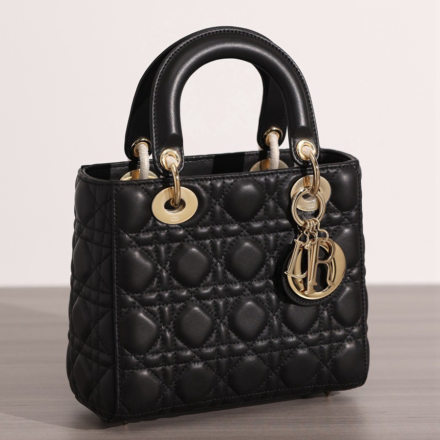 小號 LADY DIOR MY ABCDIOR 四格戴妃包黑色羊皮金扣_2