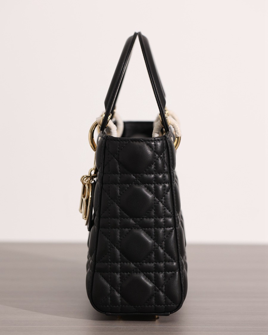 小號 LADY DIOR MY ABCDIOR 四格戴妃包黑色羊皮金扣_3
