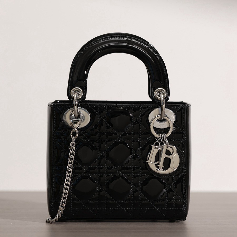 迷你 LADY DIOR 三格戴妃包漆皮黑色銀扣_1