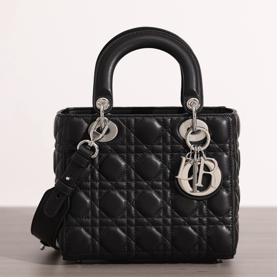 小號 LADY DIOR MY ABCDIOR 手袋 四格戴妃包黑色羊皮銀扣_1