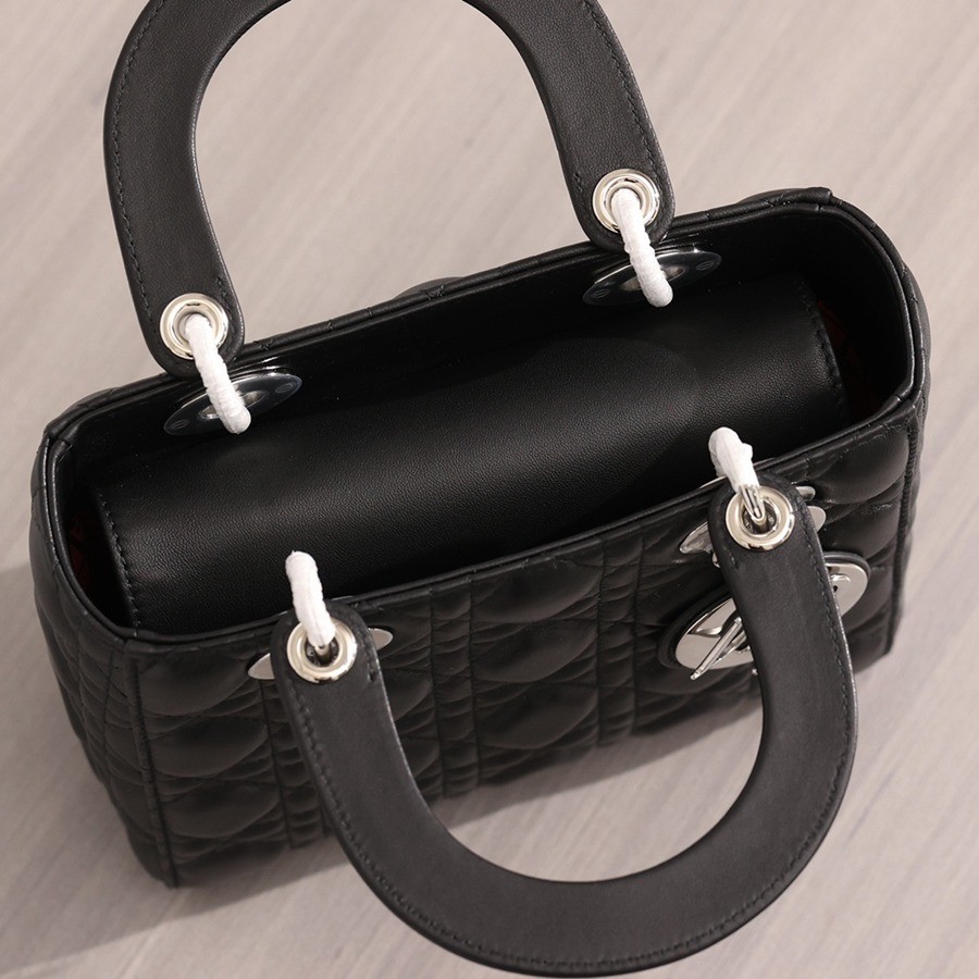 小號 LADY DIOR MY ABCDIOR 手袋 四格戴妃包黑色羊皮銀扣_6