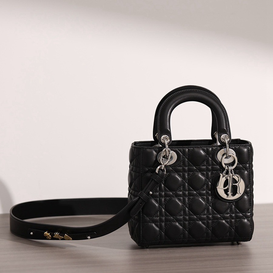 小號 LADY DIOR MY ABCDIOR 手袋 四格戴妃包黑色羊皮銀扣_20