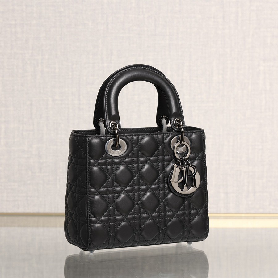 小號 LADY DIOR MY ABCDIOR 手袋四格戴妃包羊皮黑色槍扣_3