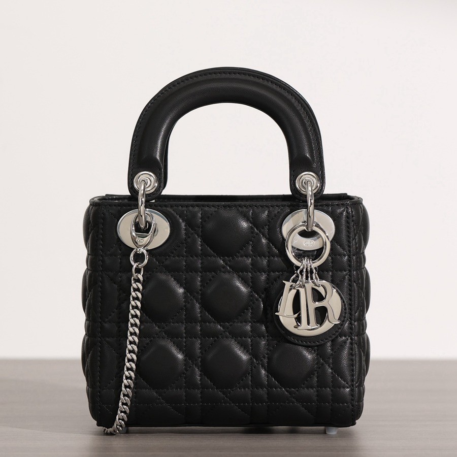 迷你 LADY DIOR 手袋 黑色羊皮革藤格紋銀扣_1