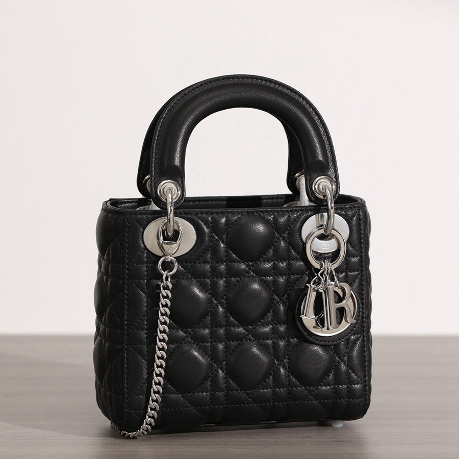 迷你 LADY DIOR 手袋 黑色羊皮革藤格紋銀扣_5