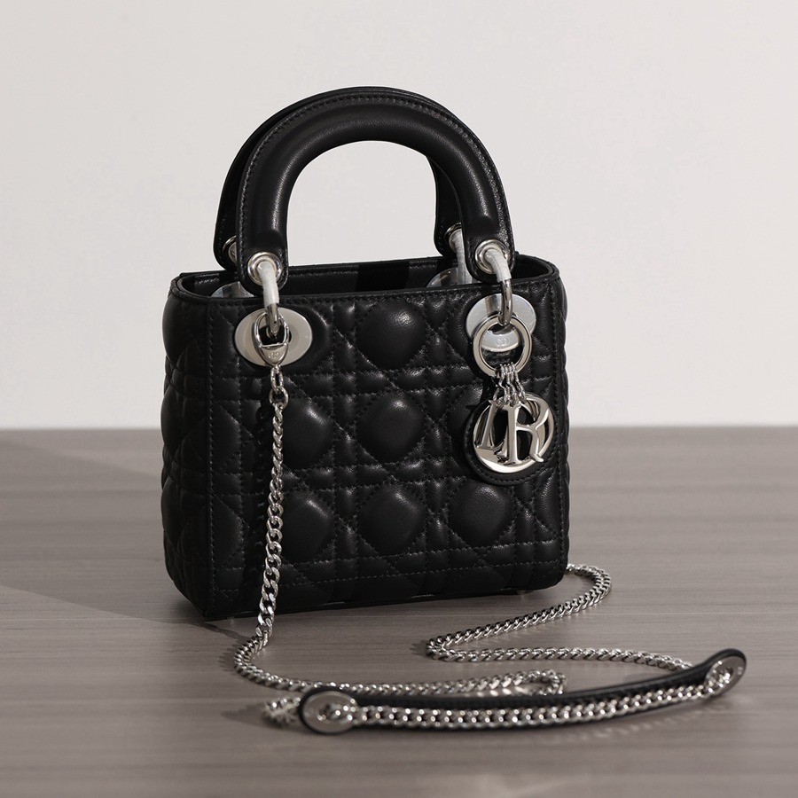 迷你 LADY DIOR 手袋 黑色羊皮革藤格紋銀扣_7