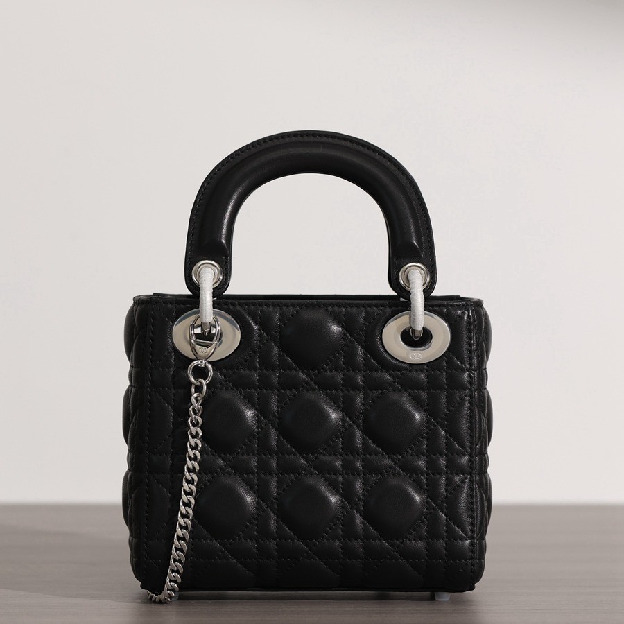 迷你 LADY DIOR 手袋 黑色羊皮革藤格紋銀扣_6