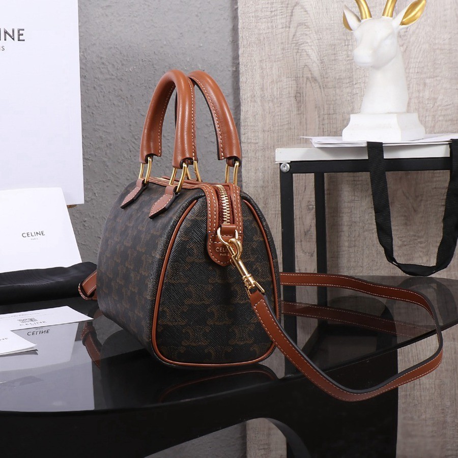 小號標誌印花牛皮革波士頓包 黃褐色_2