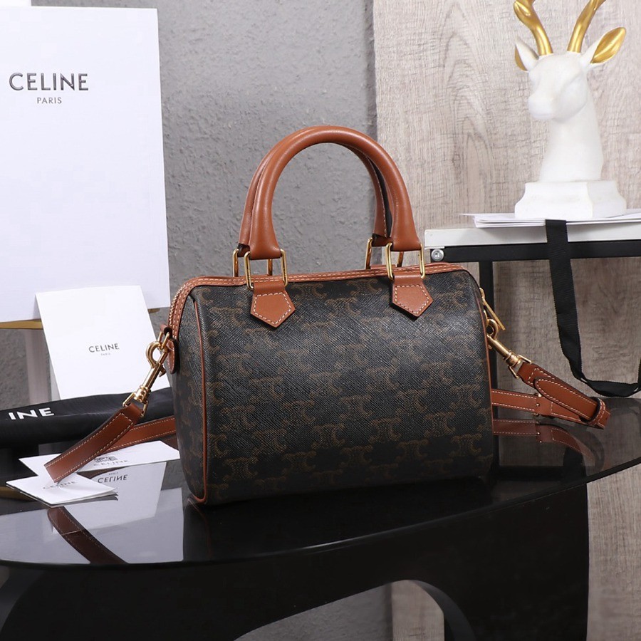 小號標誌印花牛皮革波士頓包 黃褐色_1