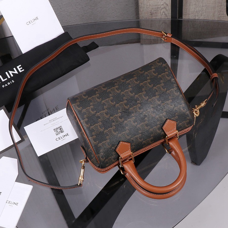 小號標誌印花牛皮革波士頓包 黃褐色_4