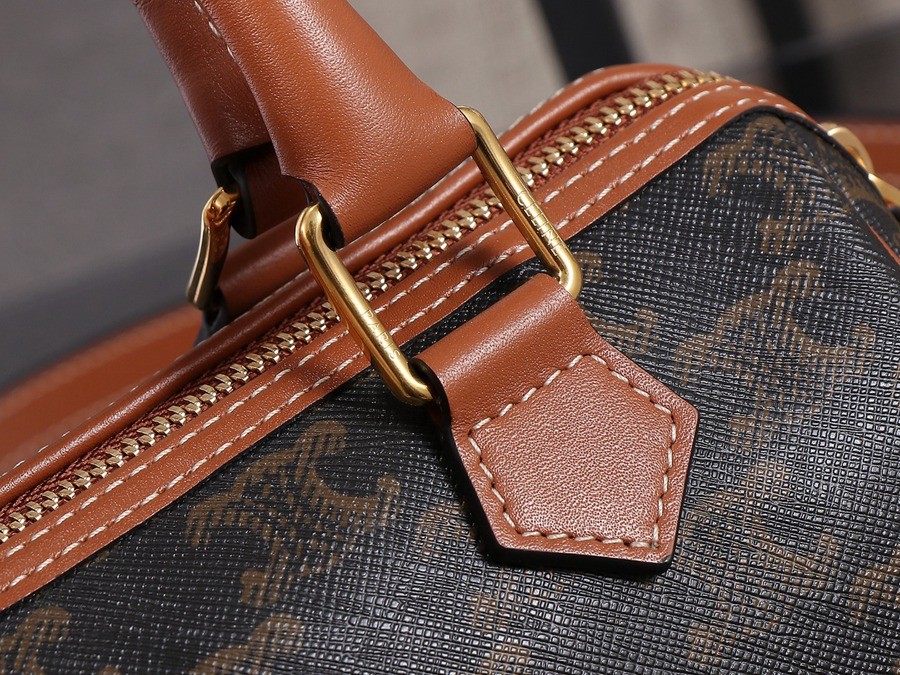 小號標誌印花牛皮革波士頓包 黃褐色_6