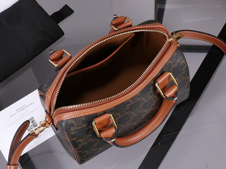 小號標誌印花牛皮革波士頓包 黃褐色_11