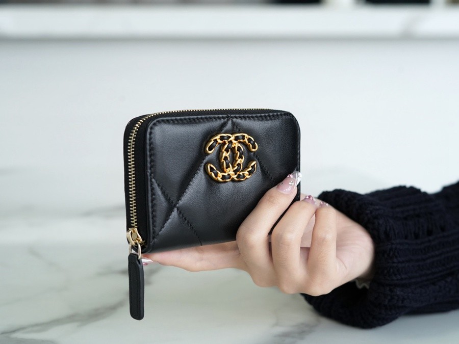 19系列拉鏈零錢卡包 羊皮黑金_3