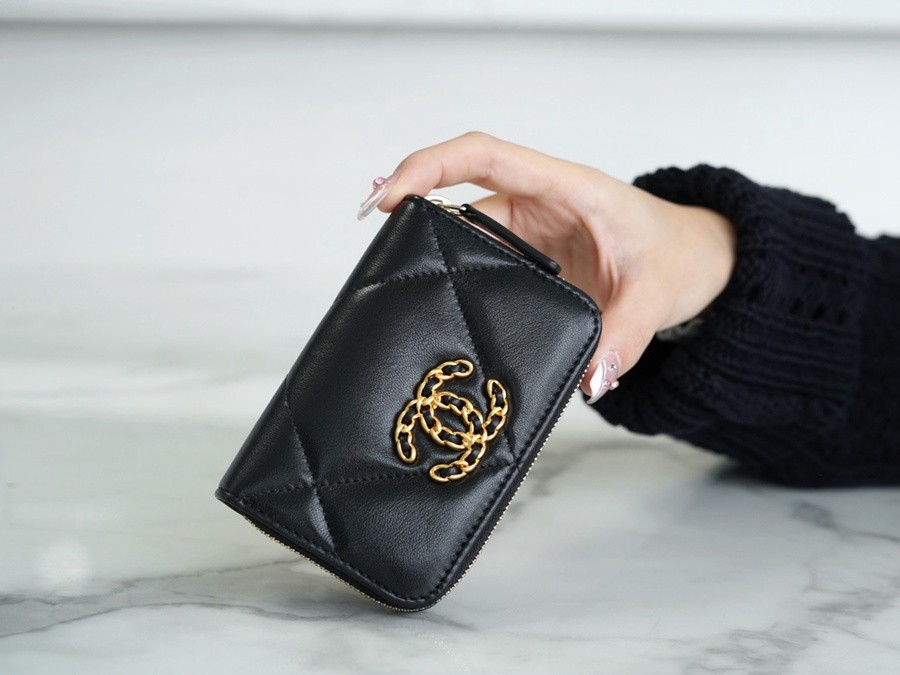 19系列拉鏈零錢卡包 羊皮黑金_5